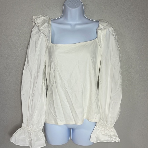 INC International Concepts White Square Neck Ruffle Shoulder Long Sleeve Top L - Picture 1 of 7